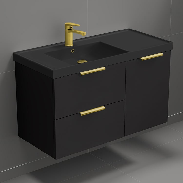 Nameeks LISBON20 Black Bathroom Vanity With Black Sink, Floating, Modern, 36 Inch